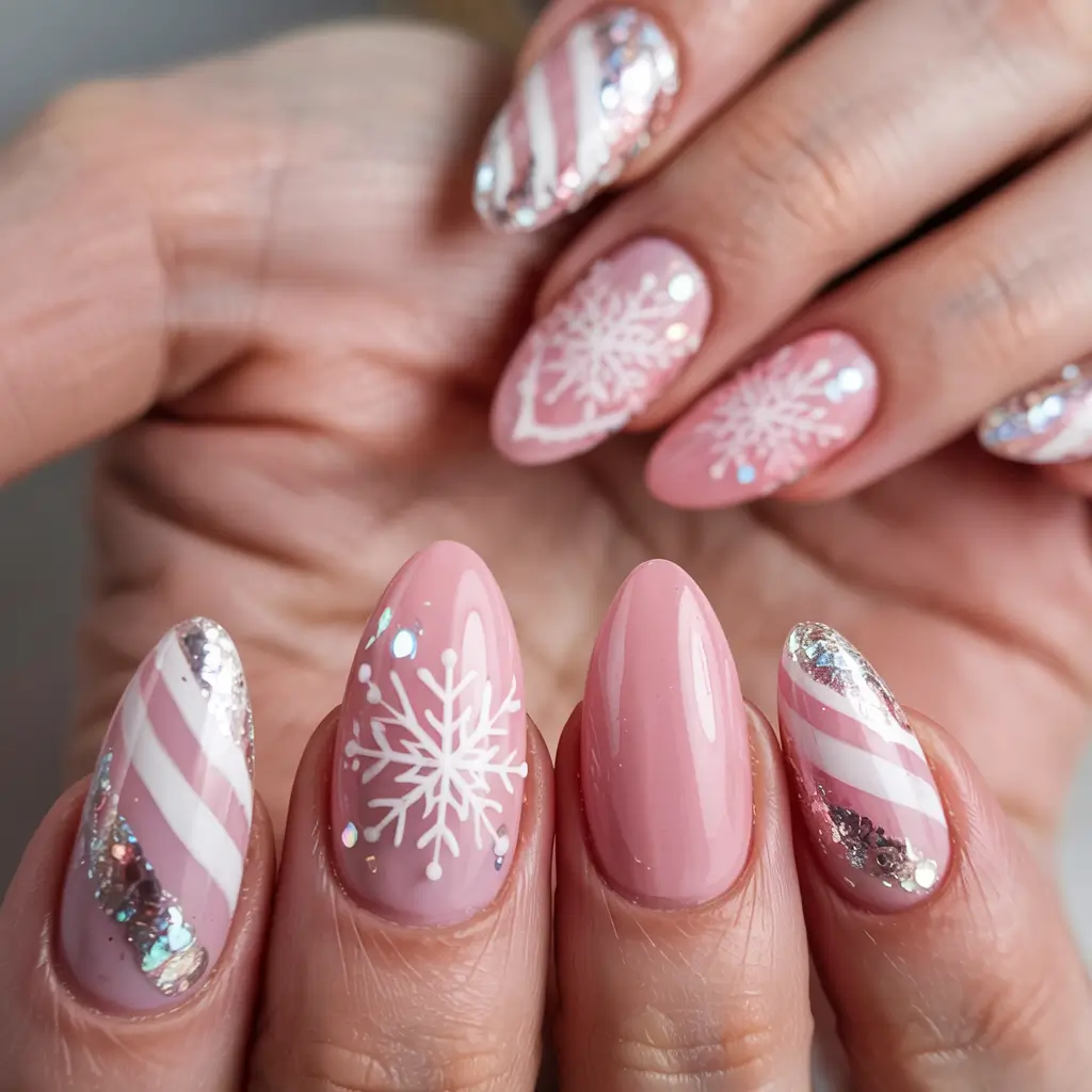 Pink Christmas Nails 2025 Candy Cane Snowfall
