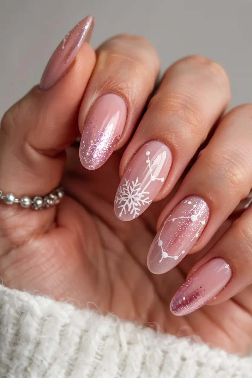 Pink Christmas Nails 2025 Snowflake Stardust