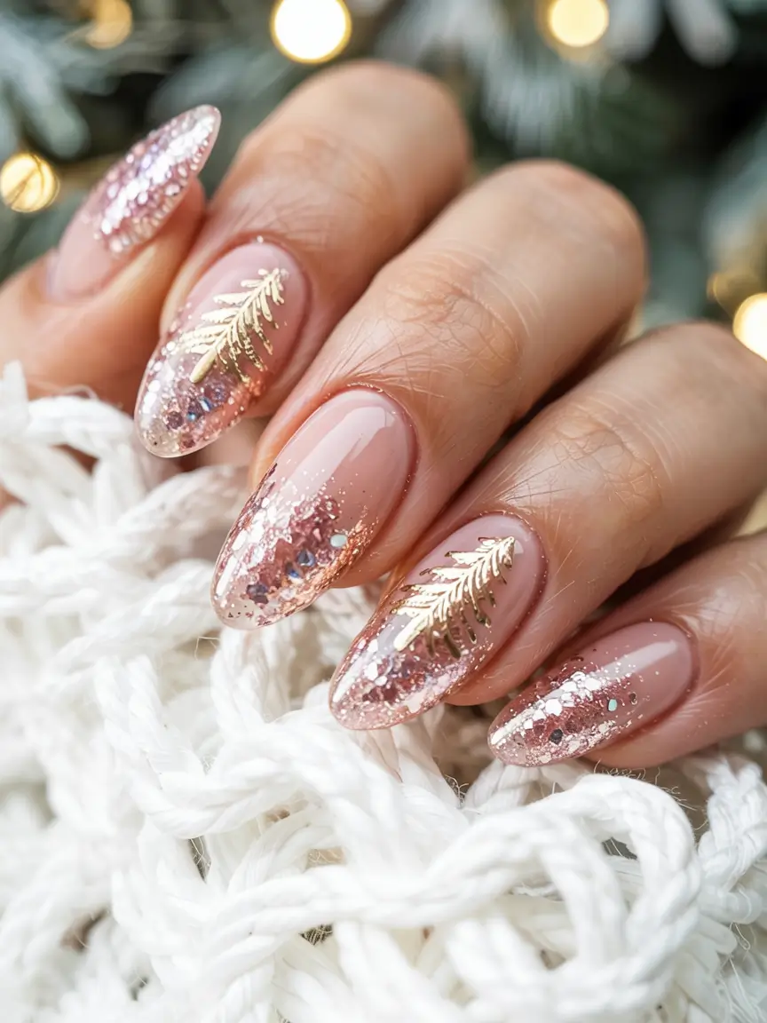 pink winter nails ideas 2025 2026 Golden Fir Glow