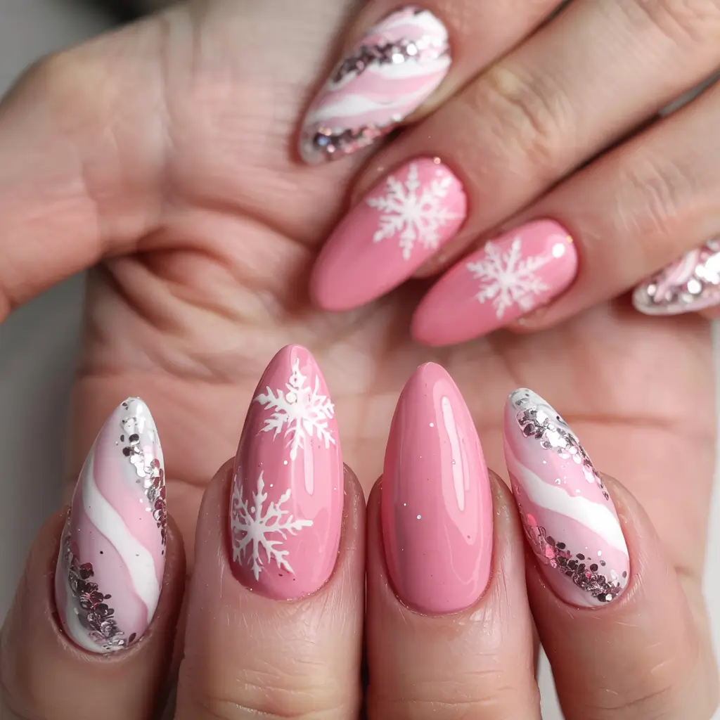 pink winter nails ideas 2025 2026 Pink Peppermint Whirl