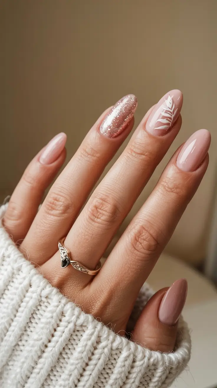 pink winter nails ideas 2025 2026 Champagne Blush Branches