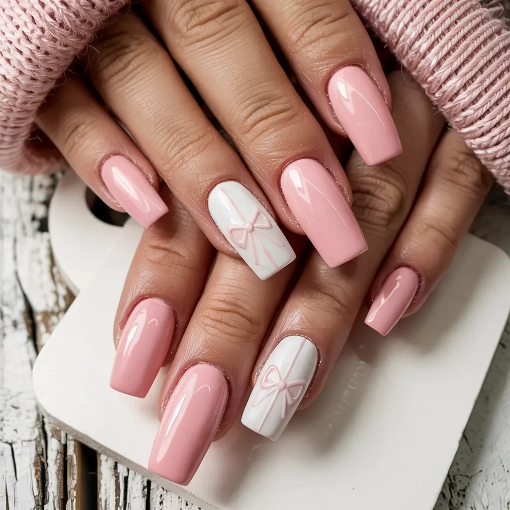 pink winter nails ideas 2025 2026 Ribboned in Pink