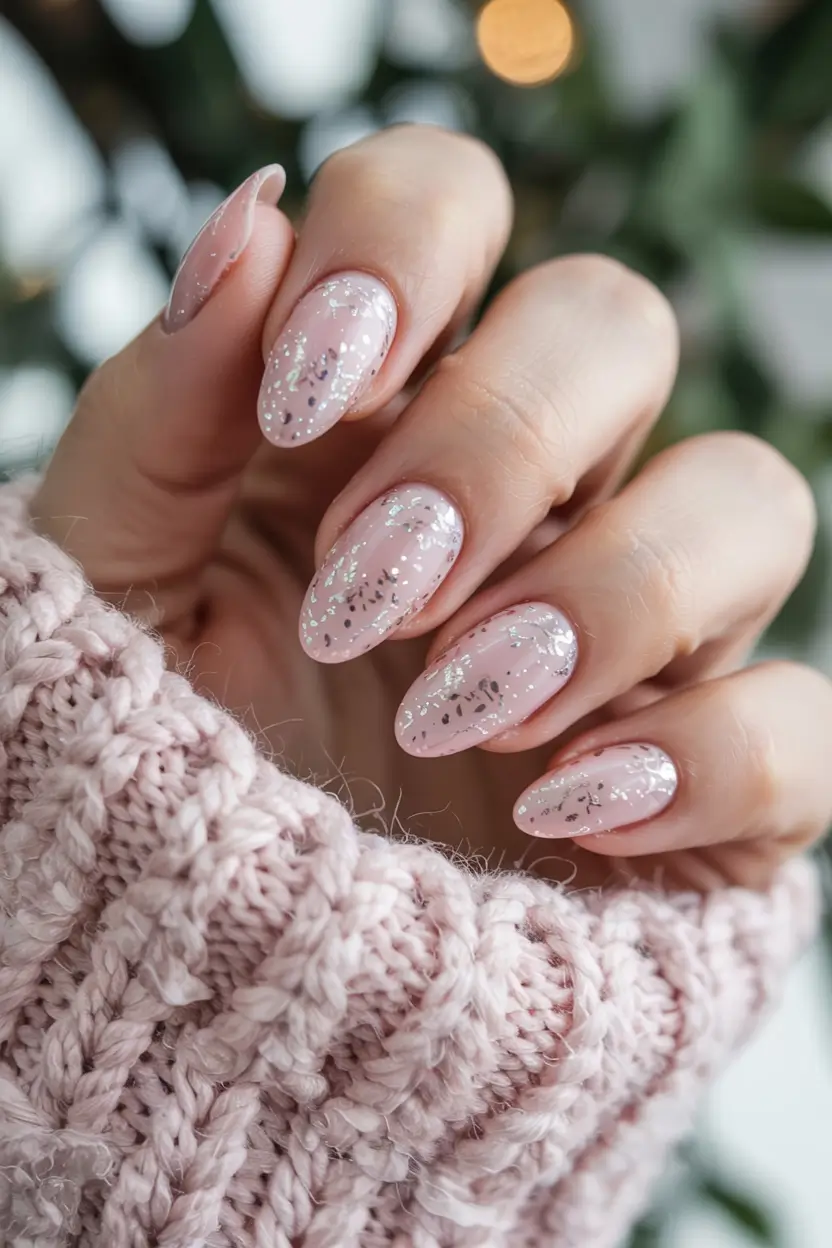pink winter nails ideas 2025 2026 Snowy Veil Sparkle