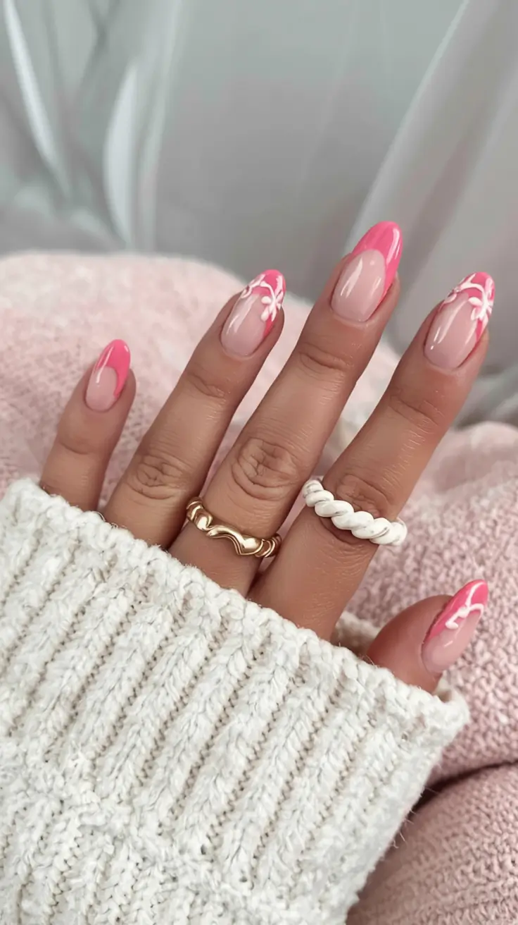 pink winter nails ideas 2025 2026 Peony French Twist