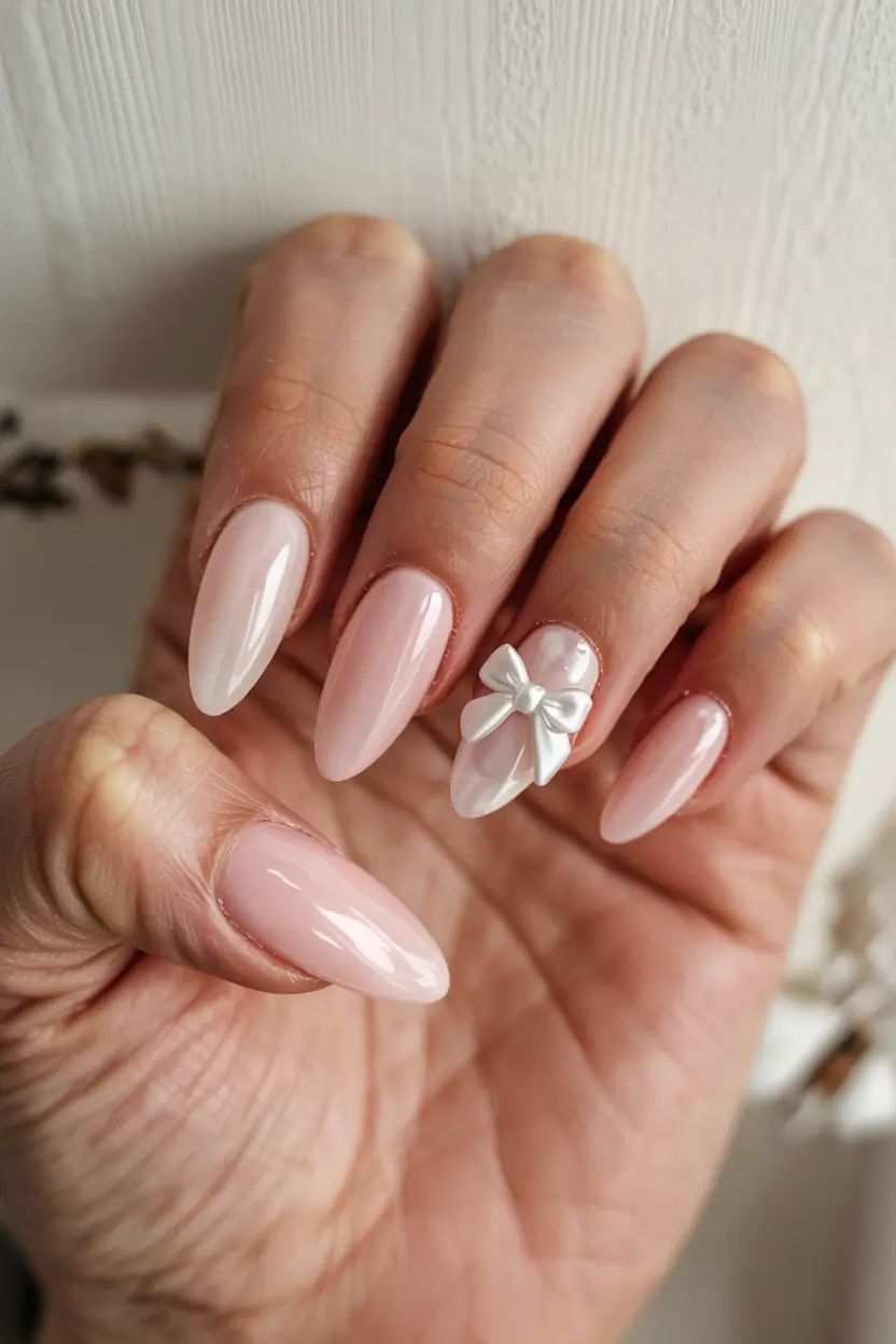 pink winter nails ideas 2025 2026 Powdered Satin Bow