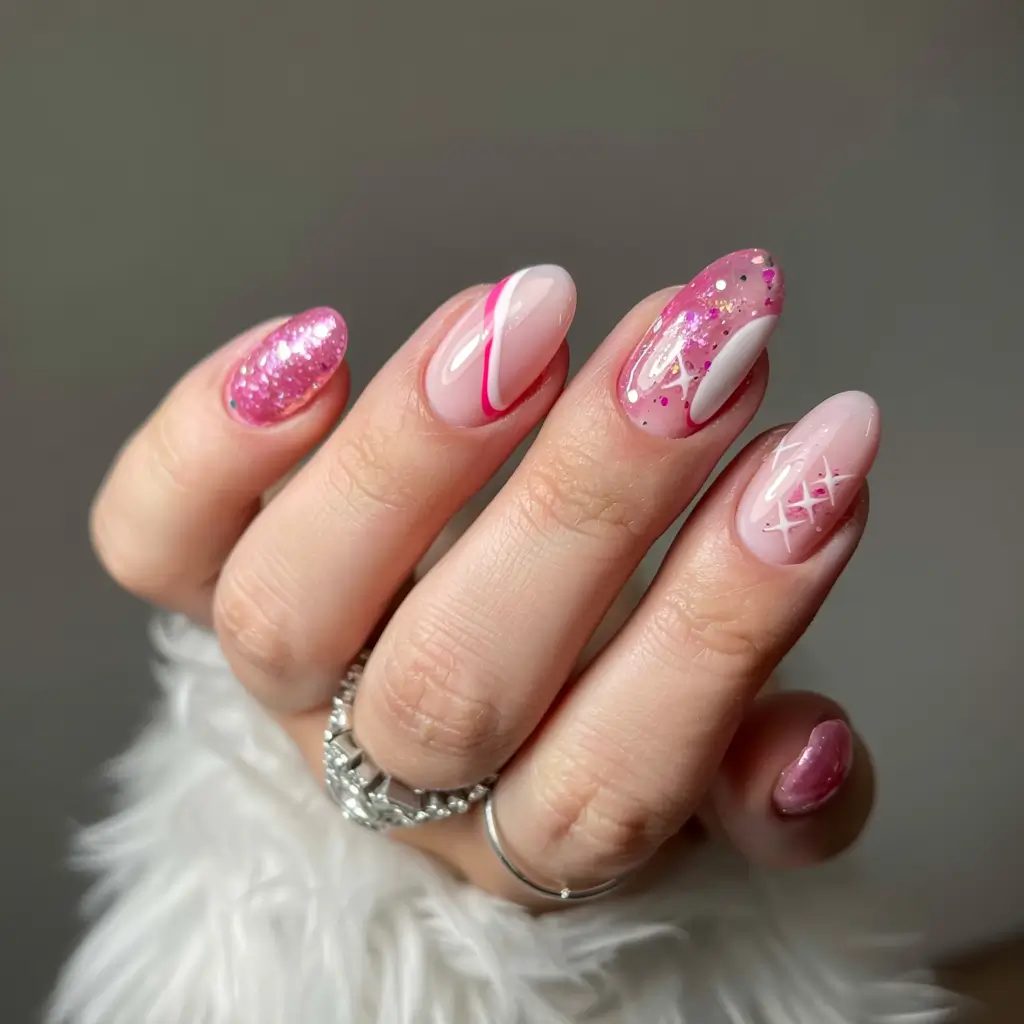 pink winter nails ideas 2025 2026 Playful Candy Pink Mix