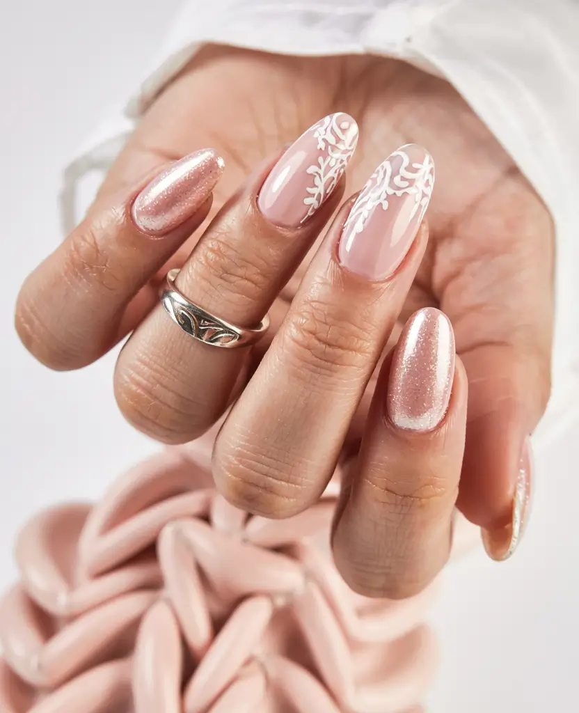 pink winter nails ideas 2025 2026 Winter Lace Whisper