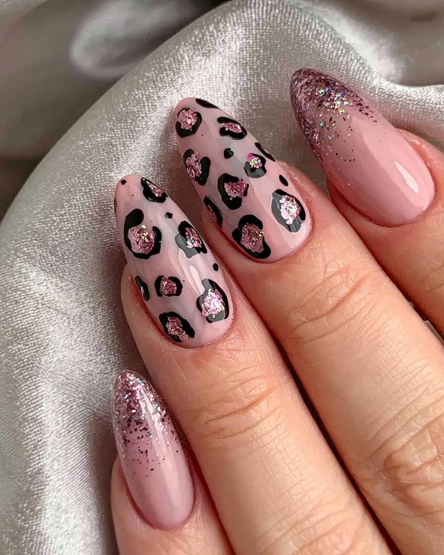 pink winter nails ideas 2025 2026 Frosted Pink Leopard