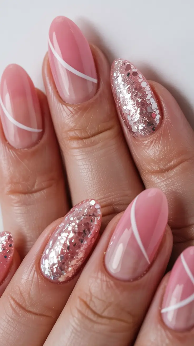 pink winter nails ideas 2025 2026 Soft Glam Swirl & Glitter