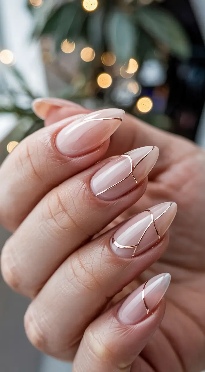 pink winter nails ideas 2025 2026 Golden Lined Nude Perfection