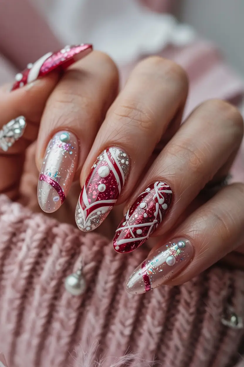 pink winter nails ideas 2025 2026 Cherry Ribbon Sparkle