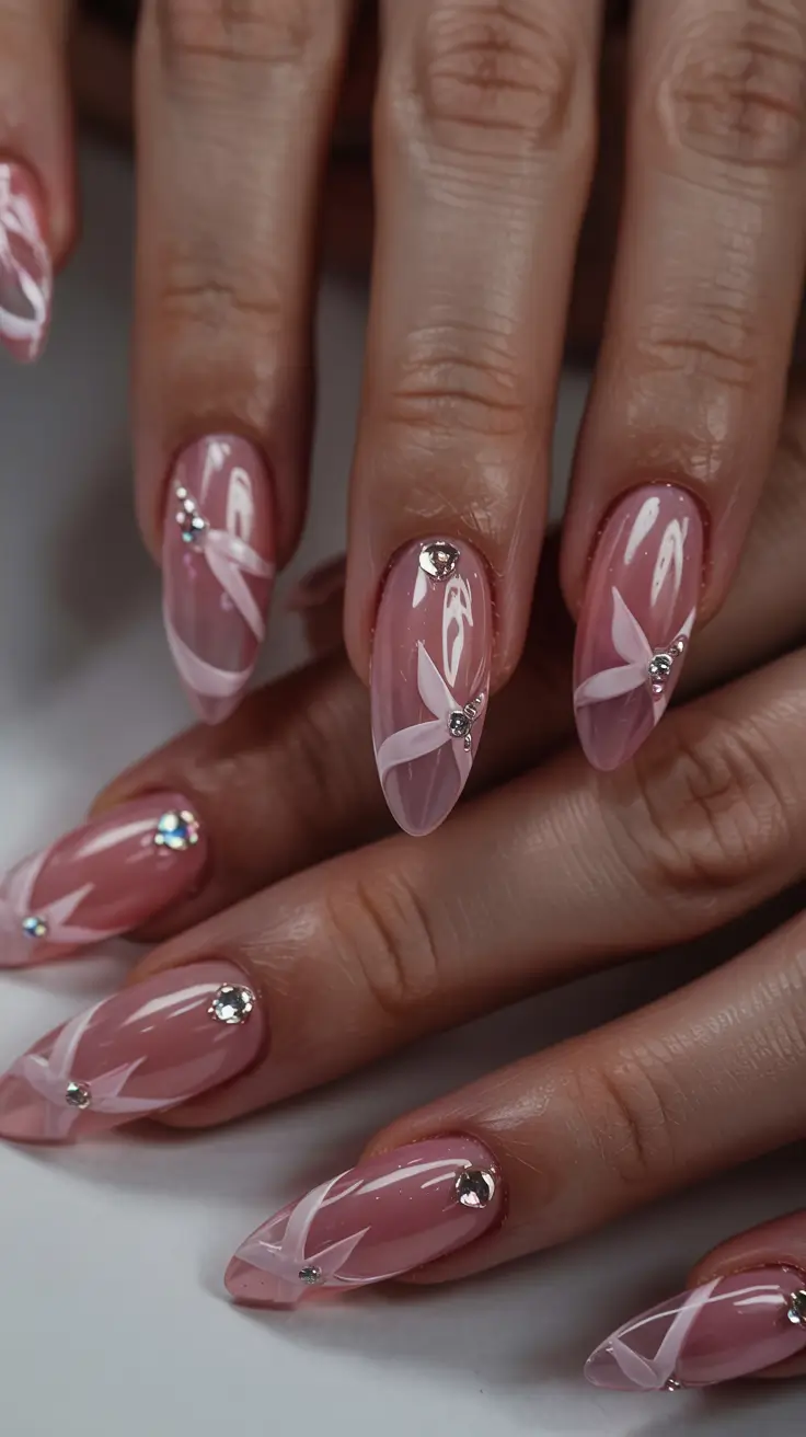 pink winter nails ideas 2025 2026 Crystal Petal Elegance