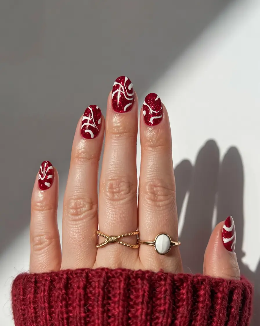 Red Christmas Nails 2025 Frosted Swirl Delight