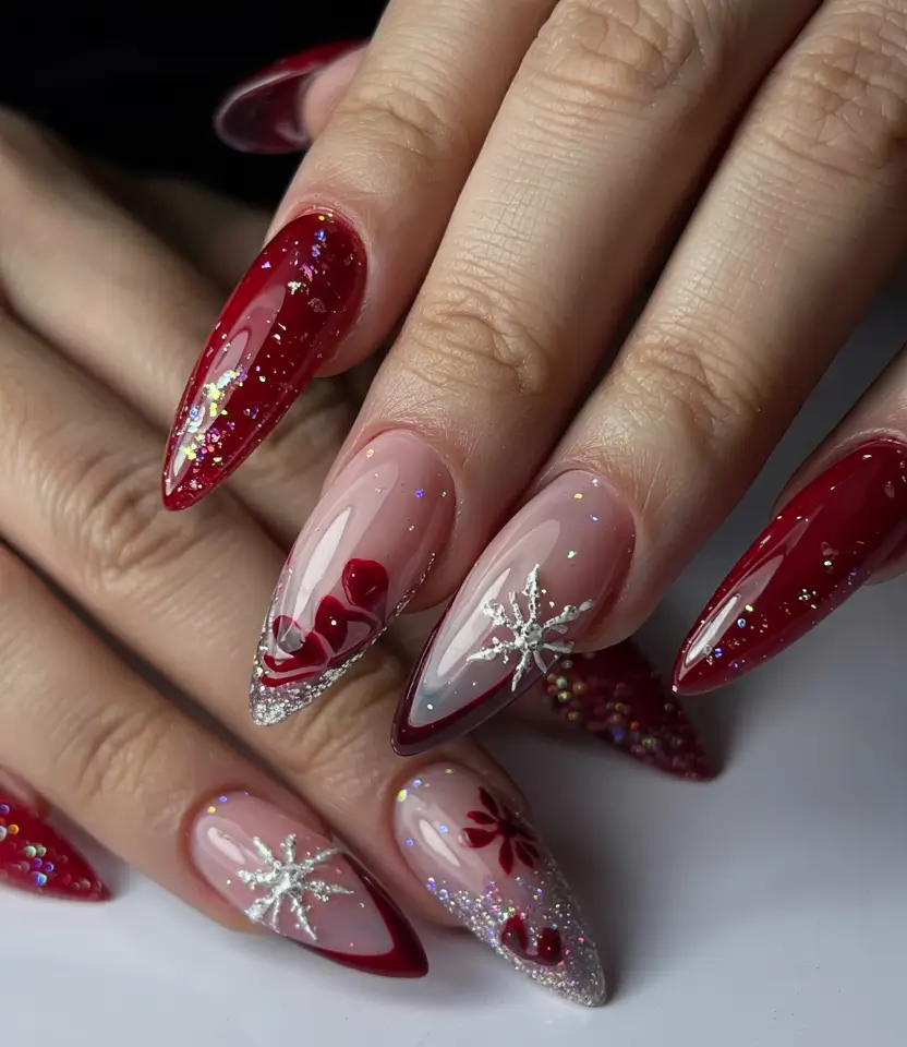 Red Christmas Nails 2025 Crystal Snowfall Magic