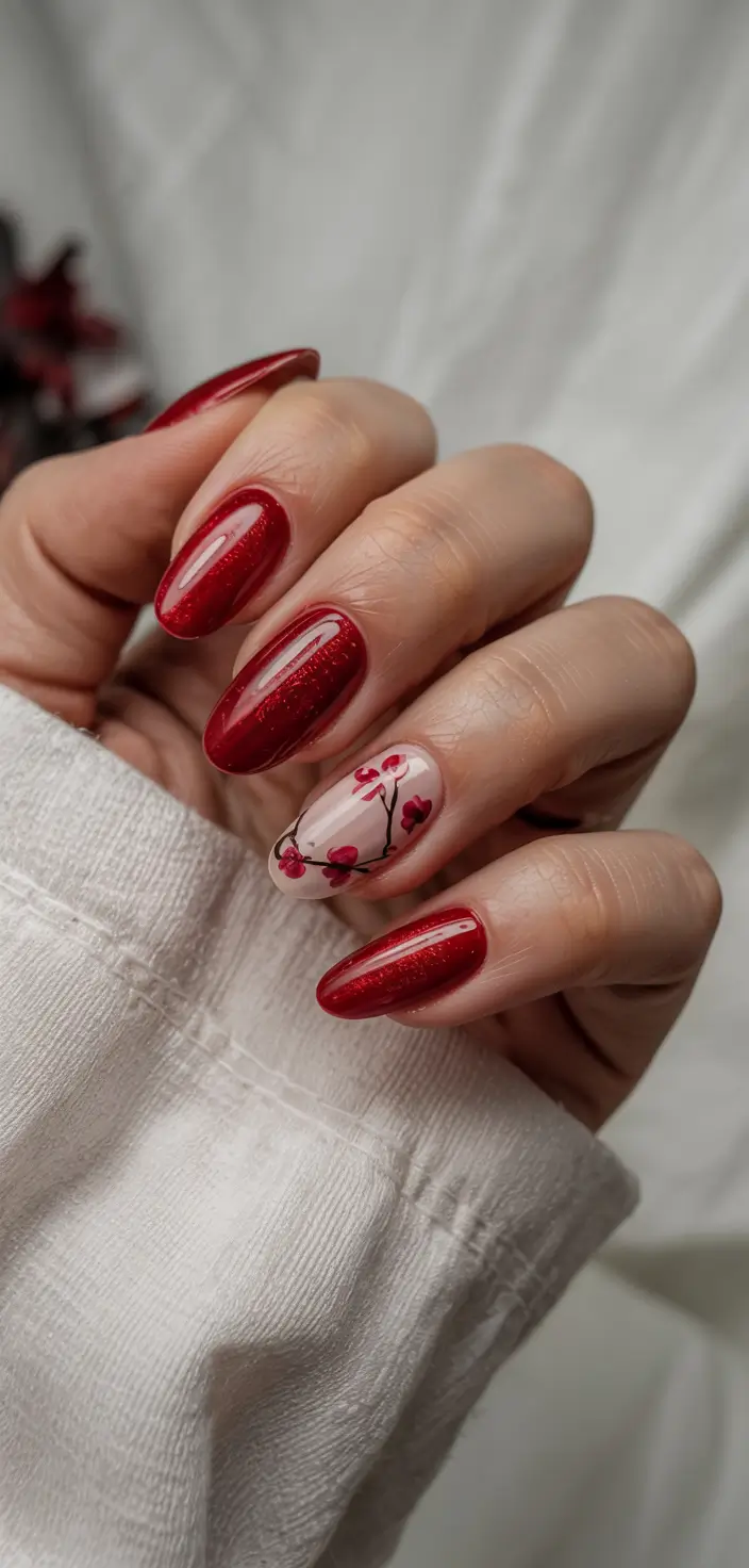 Red Christmas Nails 2025 Cherry Blossom Winter