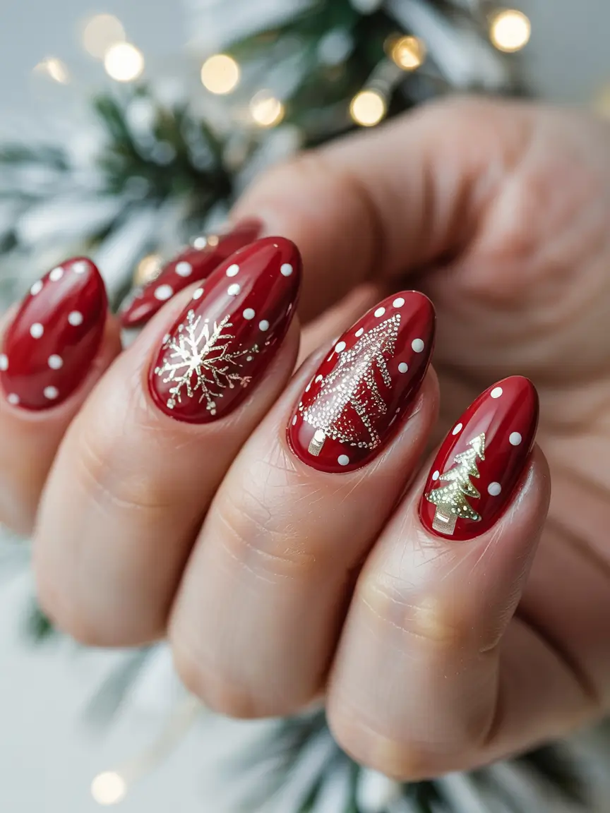 Red Christmas Nails 2025 Golden Forest Wonder