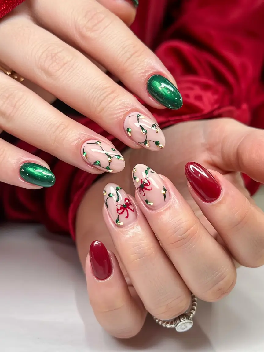 Red Christmas Nails 2025 Festive Lights & Ribbons