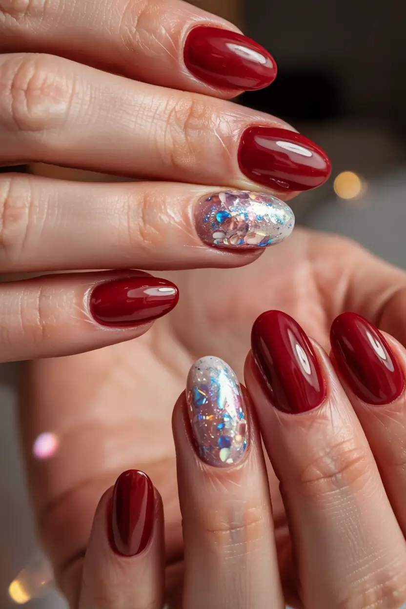 Red Christmas Nails 2025 Garnet Ice & Crystal Accents