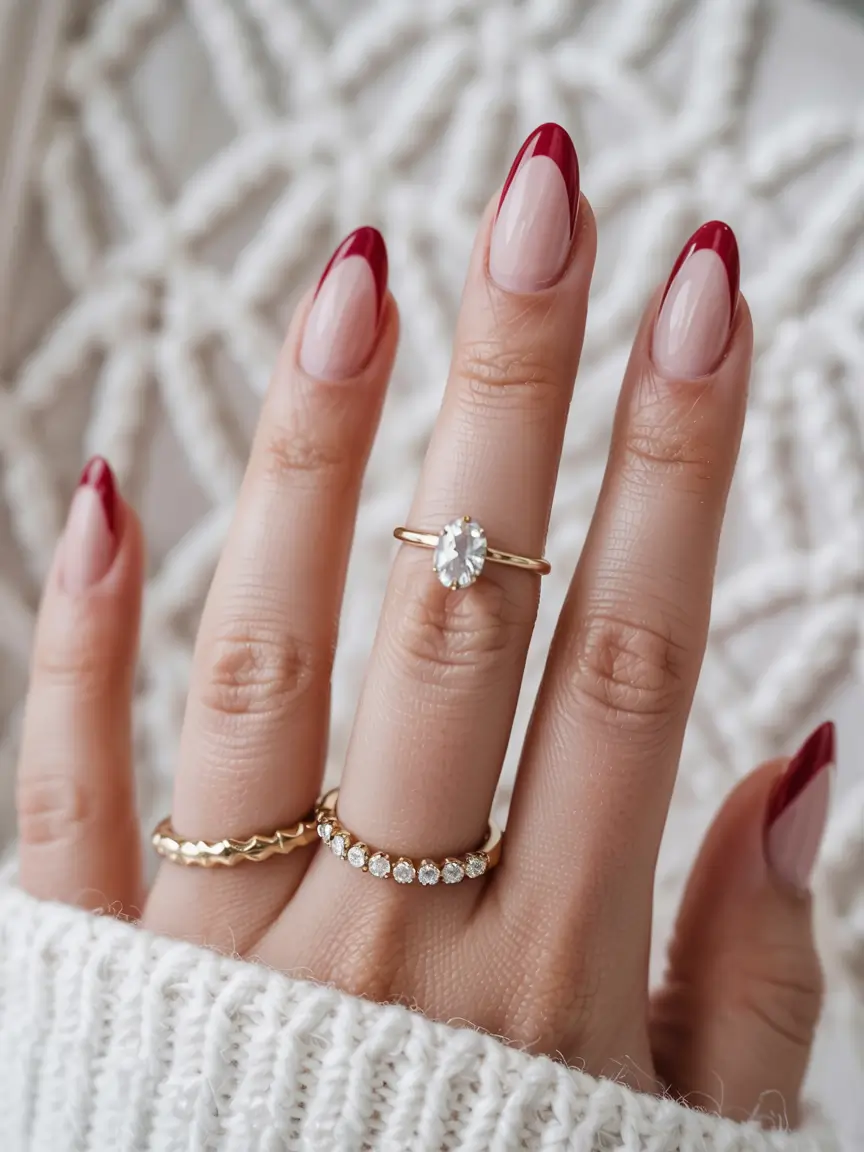 Red Christmas Nails 2025 Modern French in Crimson