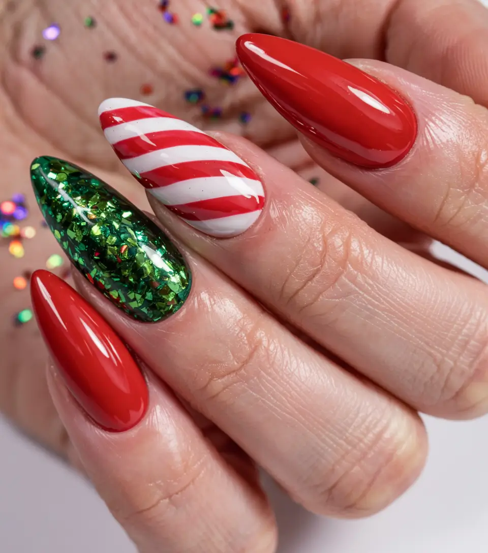 Red Christmas Nails 2025 Peppermint Glitz