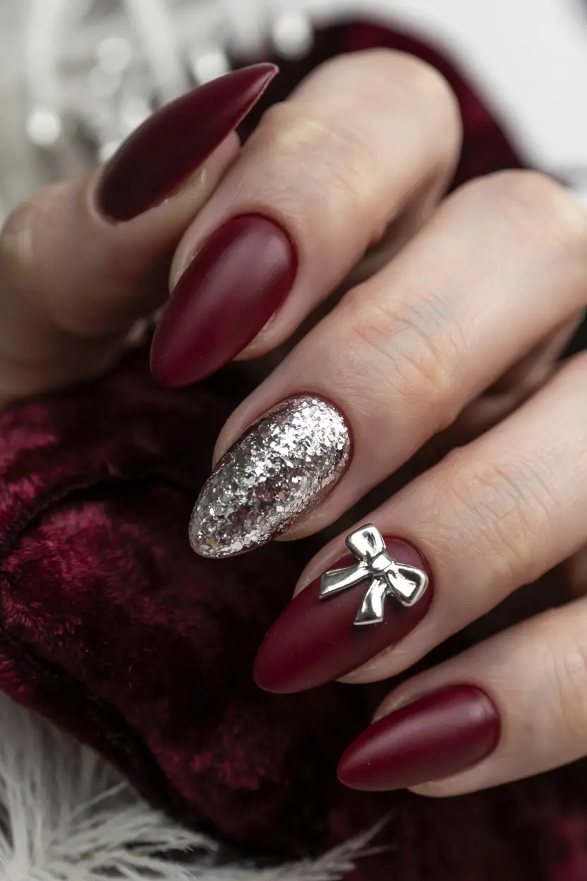Red Christmas Nails 2025 Velvet Bows & Silver Spark