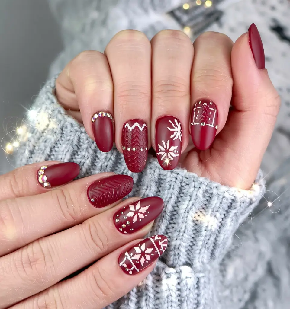 Red Christmas Nails 2025 Knitted Warmth & Holiday Texture