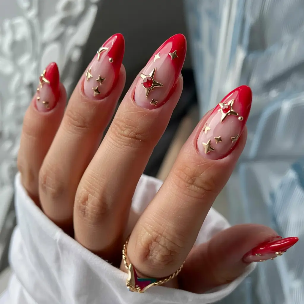 Red Christmas Nails 2025 Golden Stars & Scarlet Tips