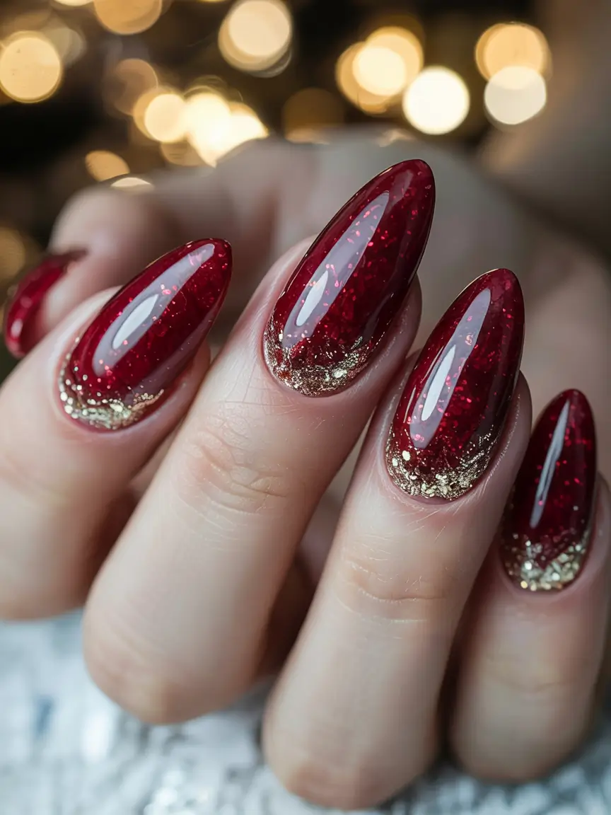 Red Christmas Nails 2025 Golden Glow Tips