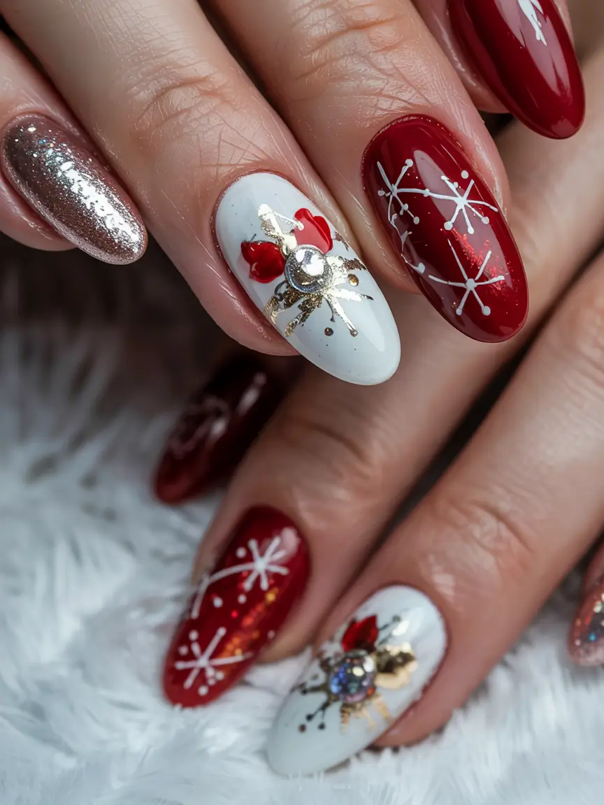 Red Christmas Nails 2025 Gilded Ornament Glam