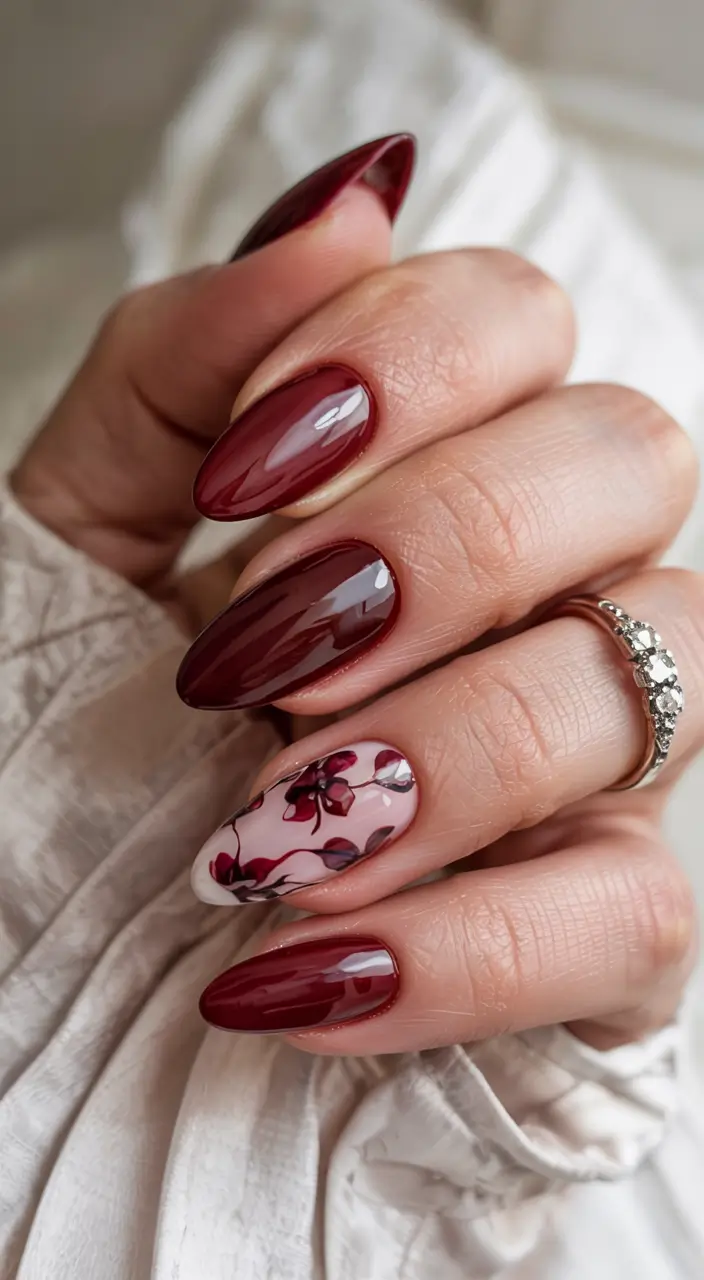 red winter nails ideas 2025 2026 Wine-Stained Petal Art