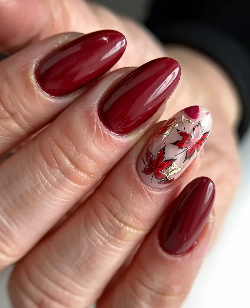 red winter nails ideas 2025 2026 Crimson Leaves and Golden Glow