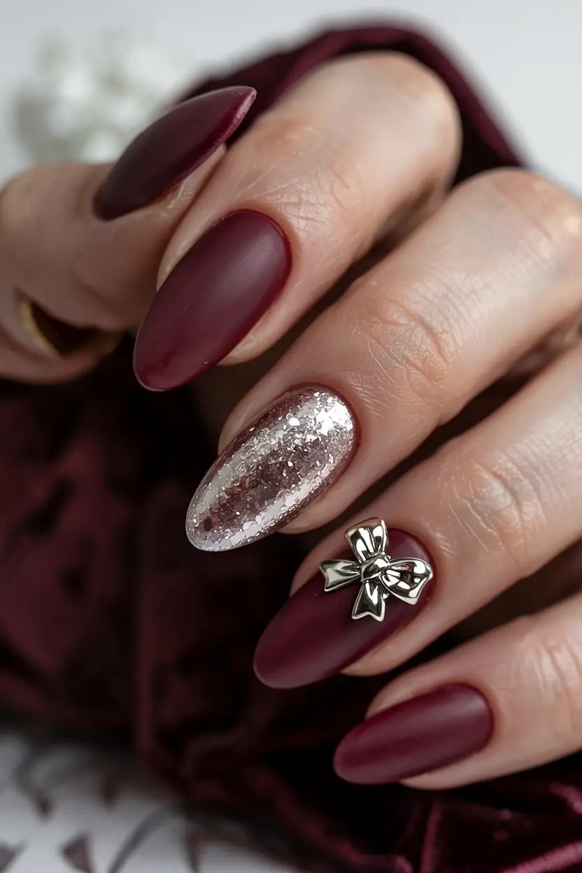 red winter nails ideas 2025 2026 Burgundy Velvet Bow