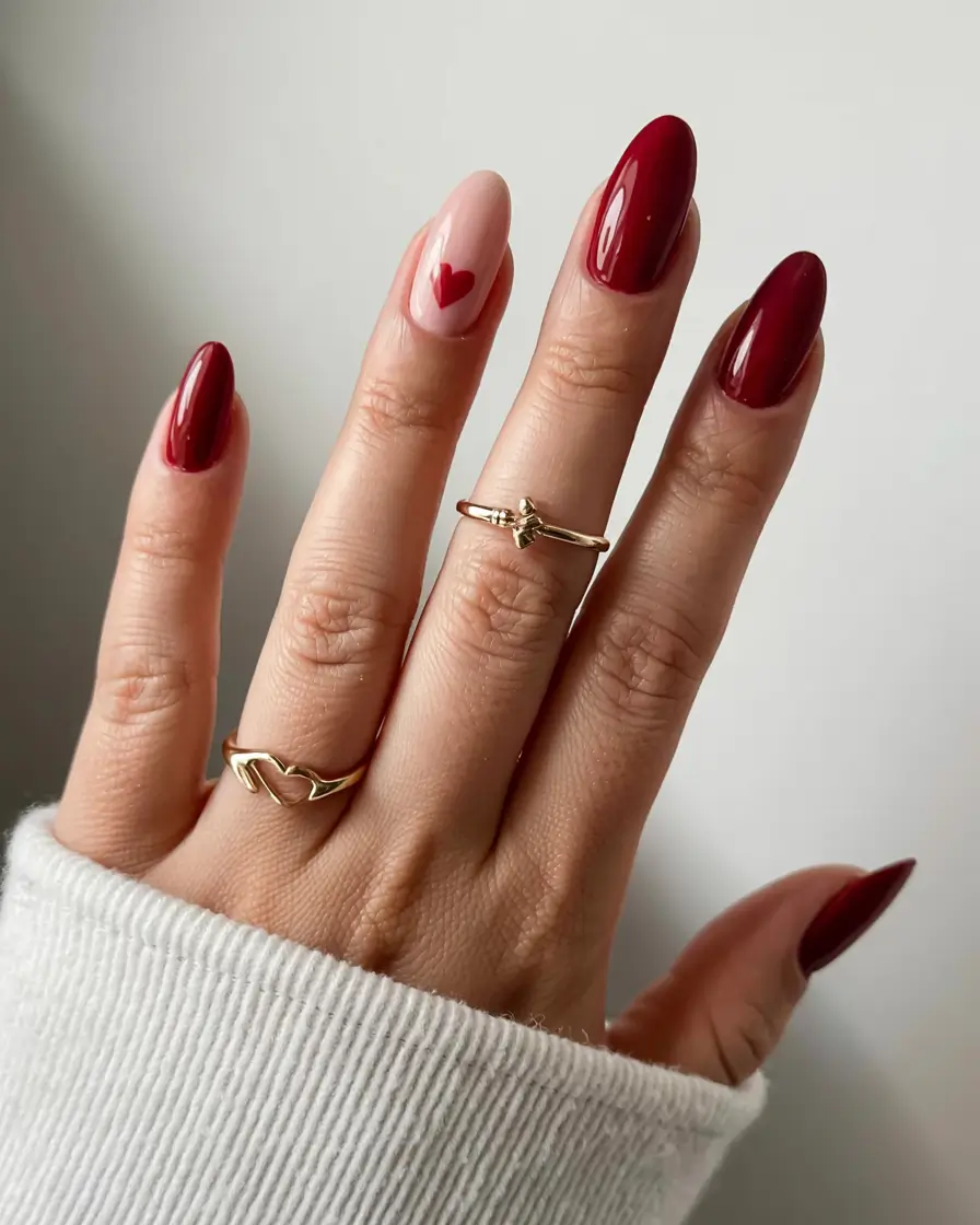 red winter nails ideas 2025 2026 Minimal Heart Accent
