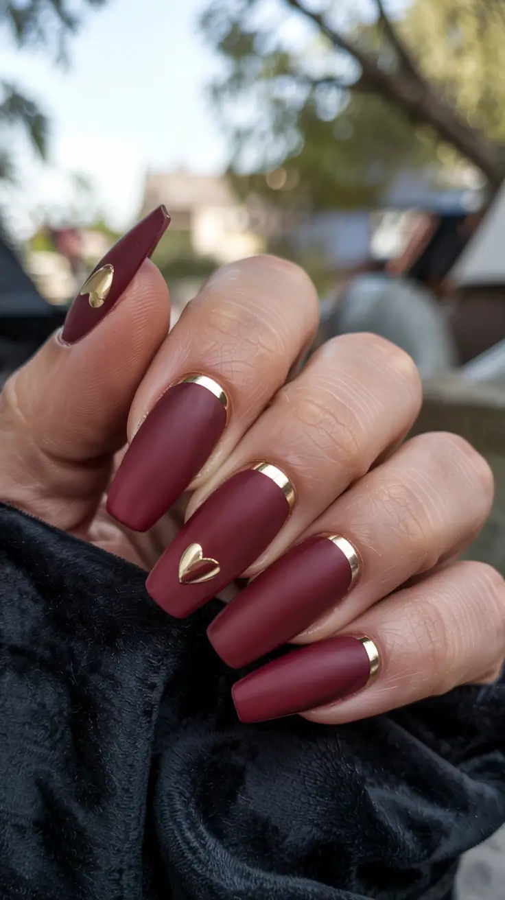 red winter nails ideas 2025 2026 Velvet Bordeaux with Golden Touch