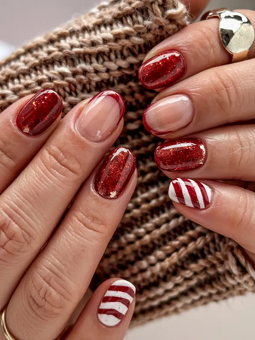 red winter nails ideas 2025 2026 Festive Ribbon and Glitter Fusion