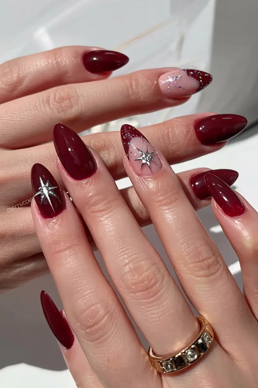 red winter nails ideas 2025 2026 Starlit Bordeaux