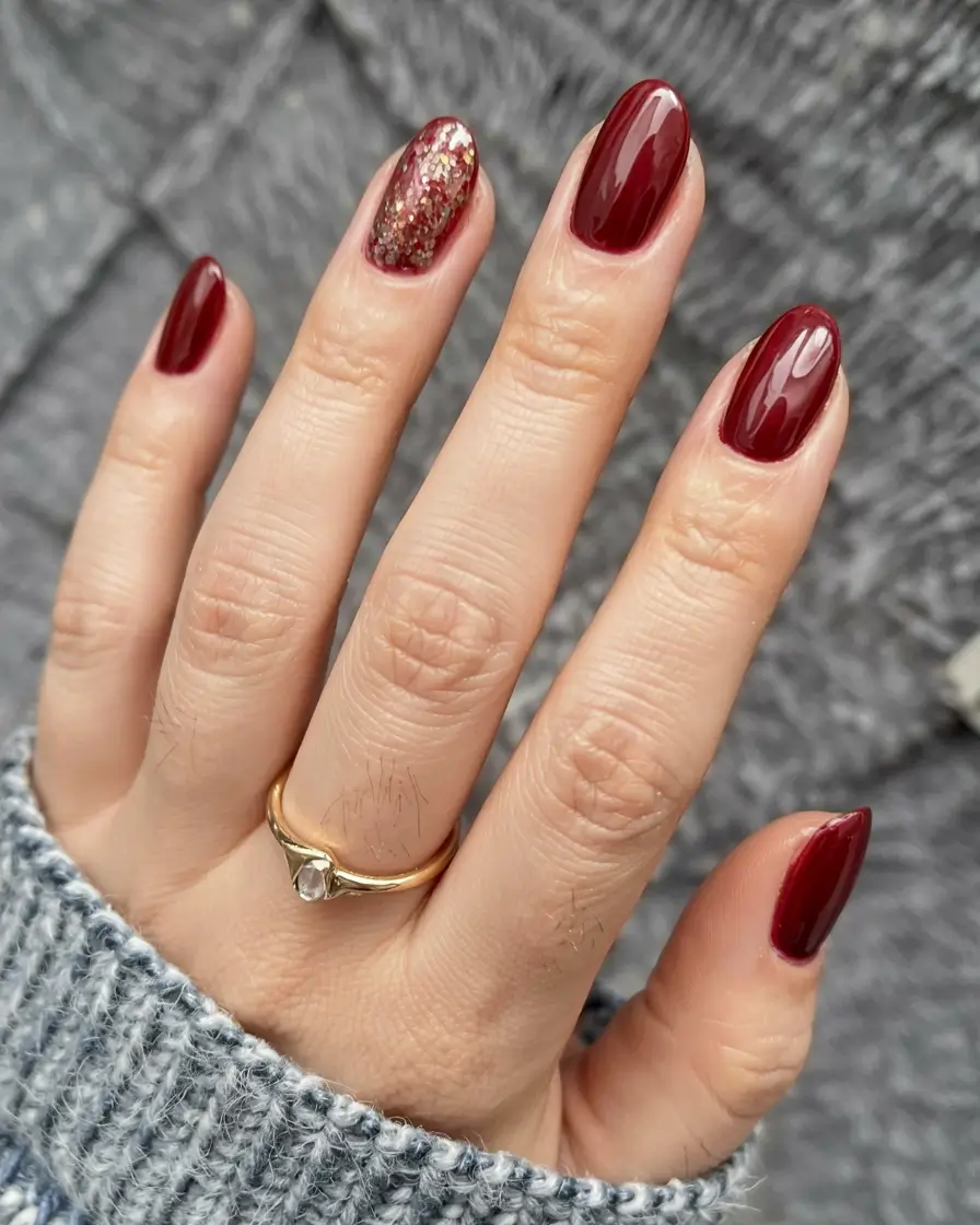 red winter nails ideas 2025 2026 Mulled Wine Sparkle Accent