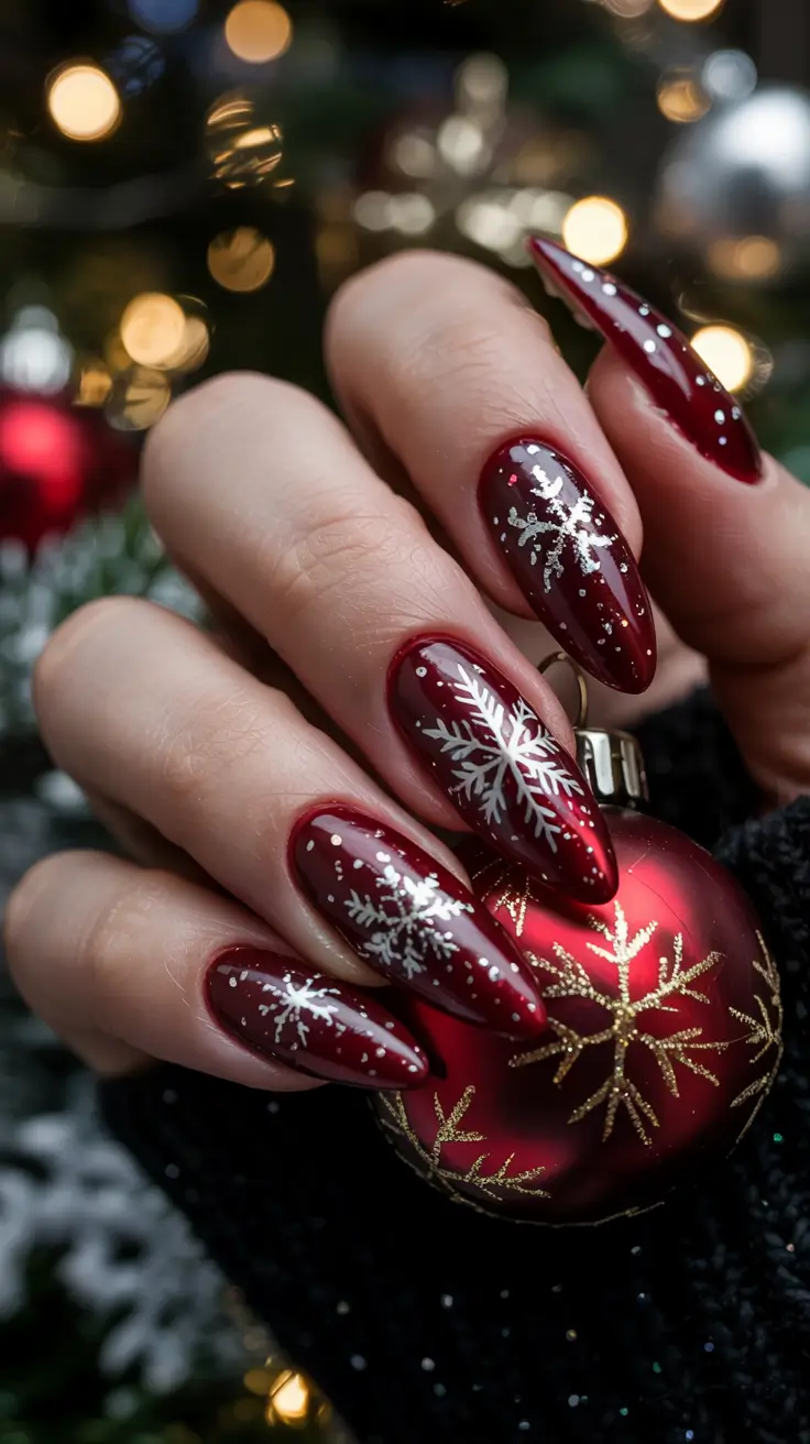 red winter nails ideas 2025 2026 Crimson Snowfall Magic