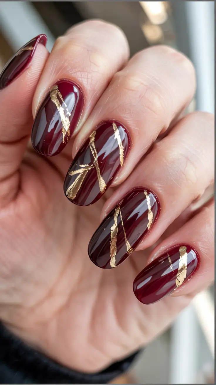 red winter nails ideas 2025 2026 Golden Veins of Elegance