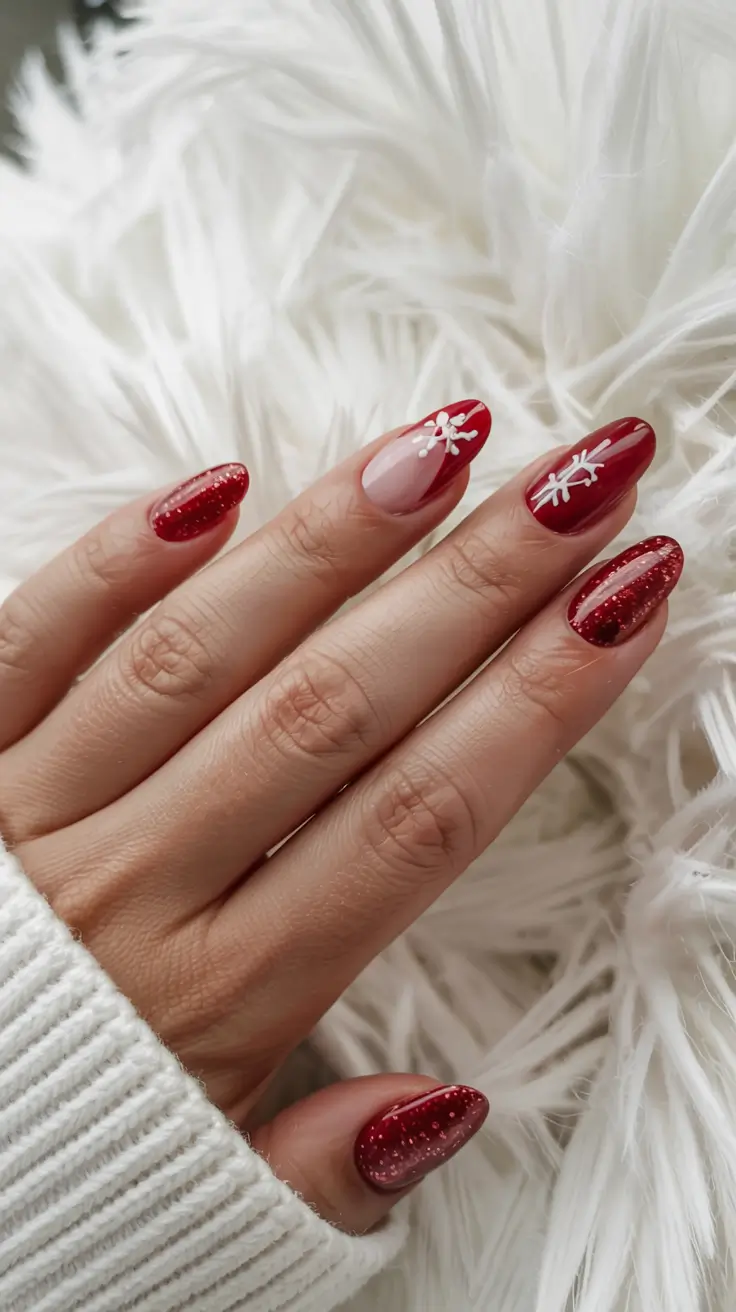 red winter nails ideas 2025 2026 Snowflake Sparkle