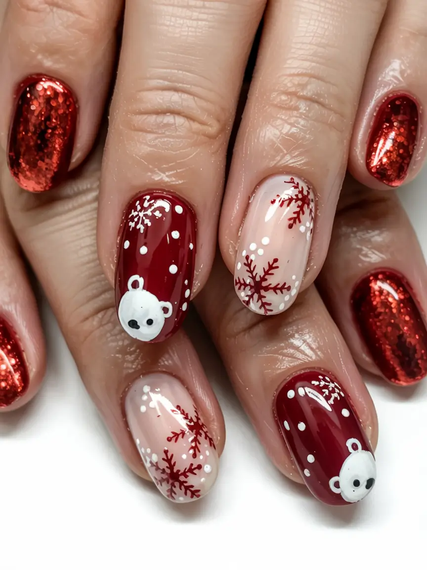 red winter nails ideas 2025 2026 Festive Polar Charm