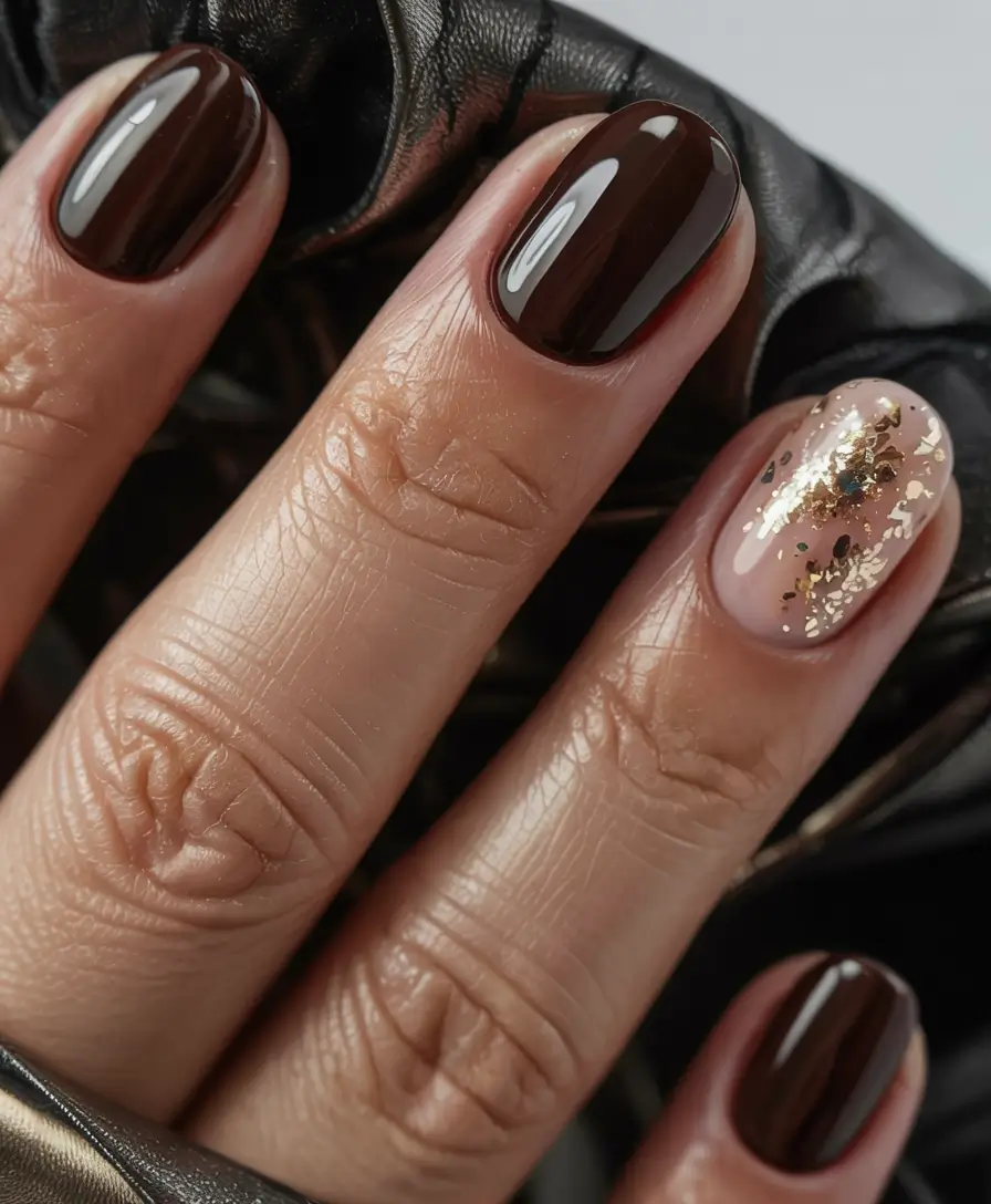 short winter gel nails design and color ideas 2025 2026 Espresso Luxe with Gold Touch