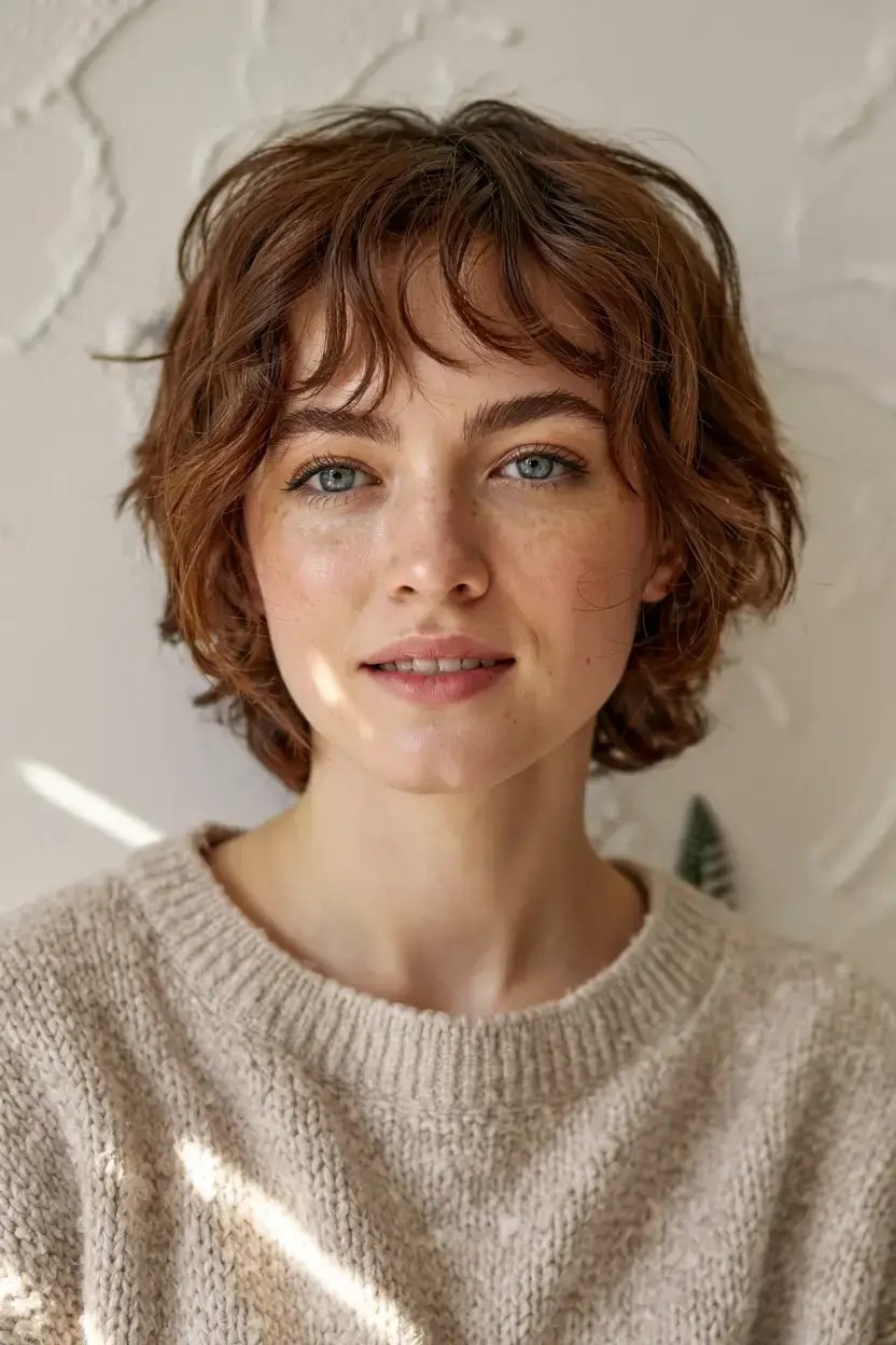 short winter haircuts ideas 2025 2026 Cozy Copper Shag with Light Bangs