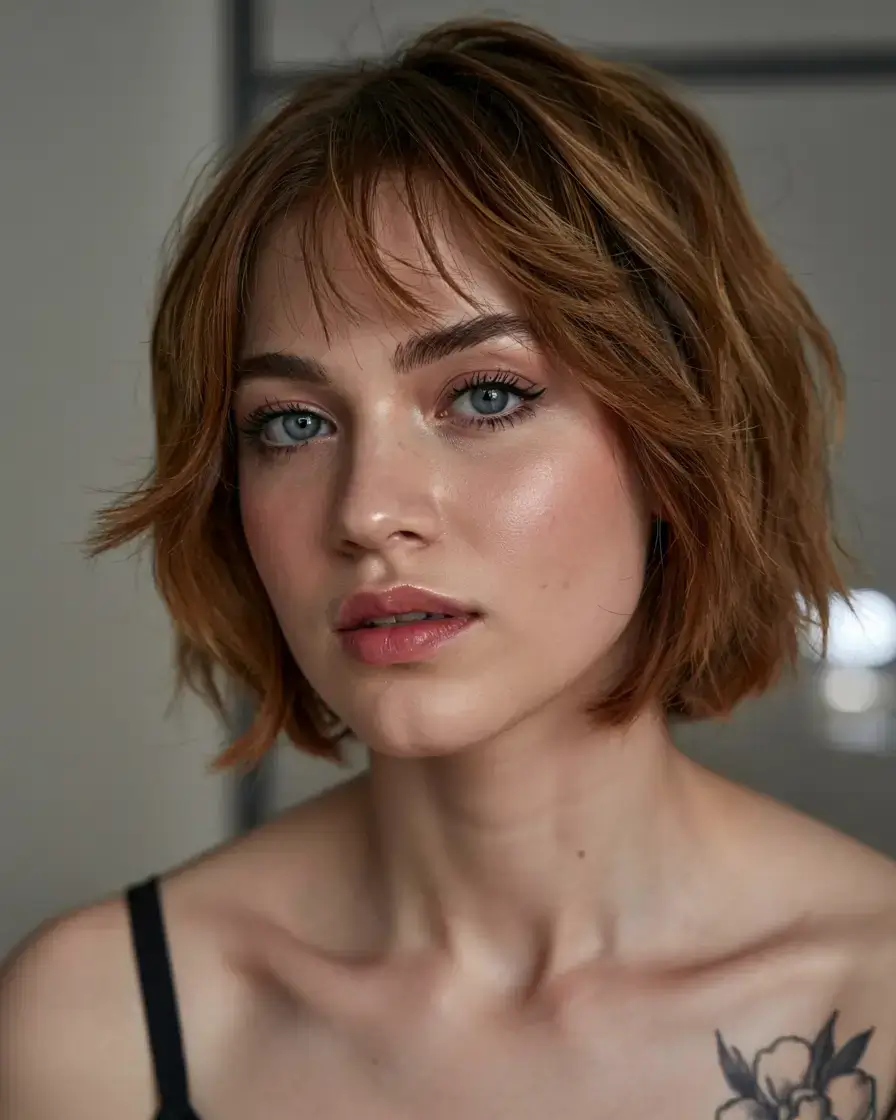 short winter haircuts ideas 2025 2026 Textured Bronze Bob with Wispy Layers