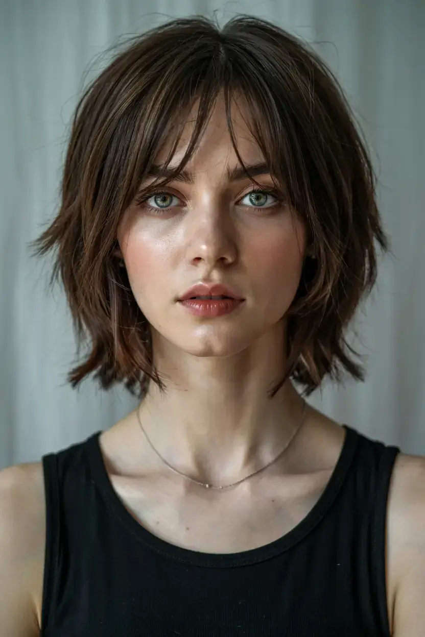 short winter haircuts ideas 2025 2026 Feathered Brunette Bob with Long Bangs