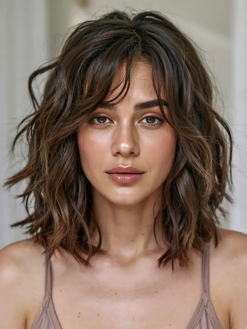 short winter haircuts ideas 2025 2026 Layered Chocolate Lob with Airy Bangs