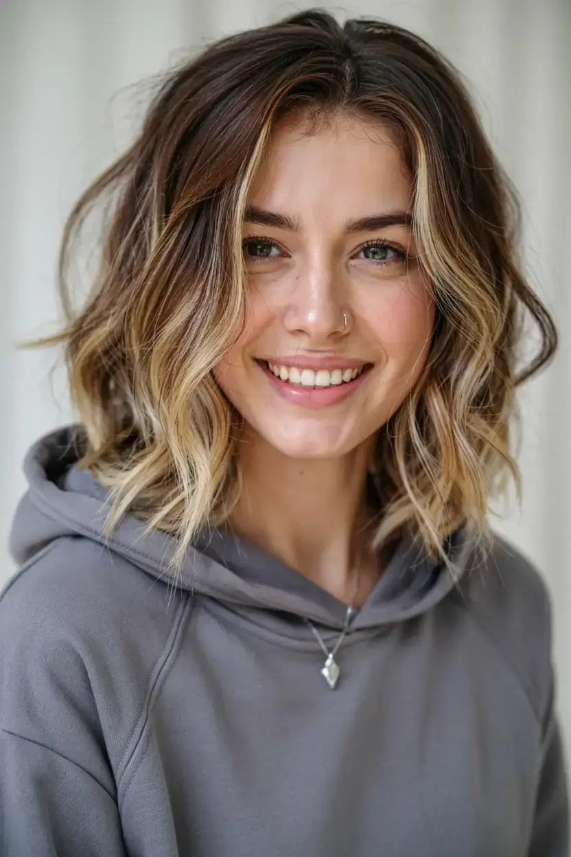 short winter haircuts ideas 2025 2026 Bronde Wavy Bob with Sunlit Dimension