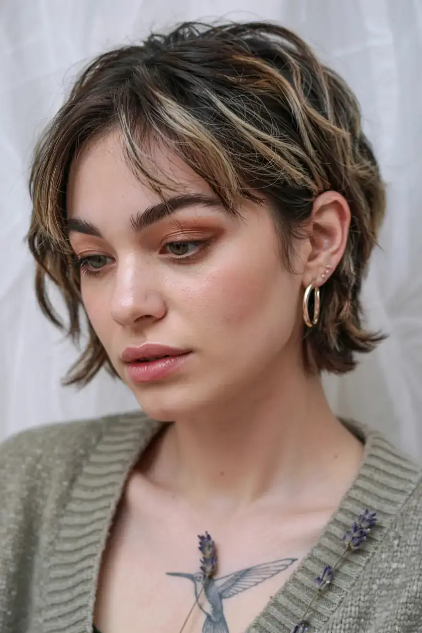 short winter haircuts ideas 2025 2026 Layered Pixie-Bob with Warm Highlights