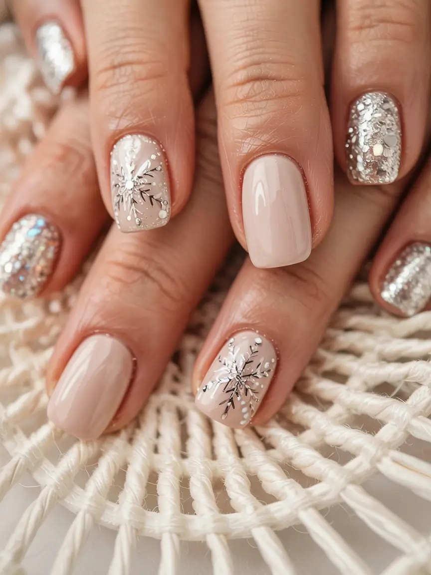 short winter nails ideas 2025 2026 Snowflake Glow