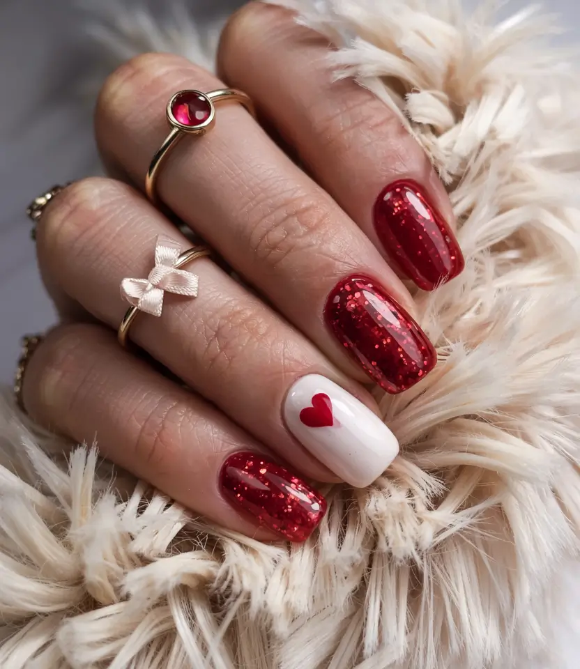 Simple Christmas Nails 2025 Red Velvet Heart